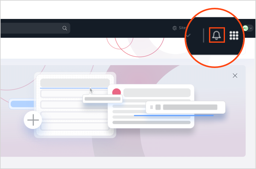 Screenshot of the user menu with an highlight on the bell icon